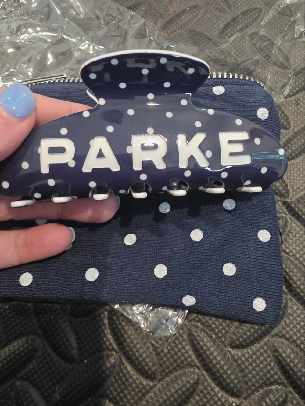 Parke Sold Out Polka Dot Navy Claw Clip + Bag